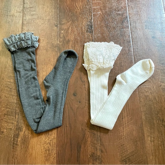 Thigh high lace trim socks, 2 pair, white/ecru and grey - Picture 4 of 12